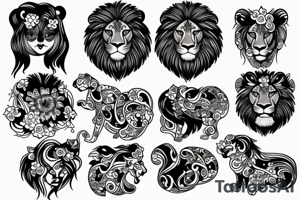 Female lion with flowers tattoo idea