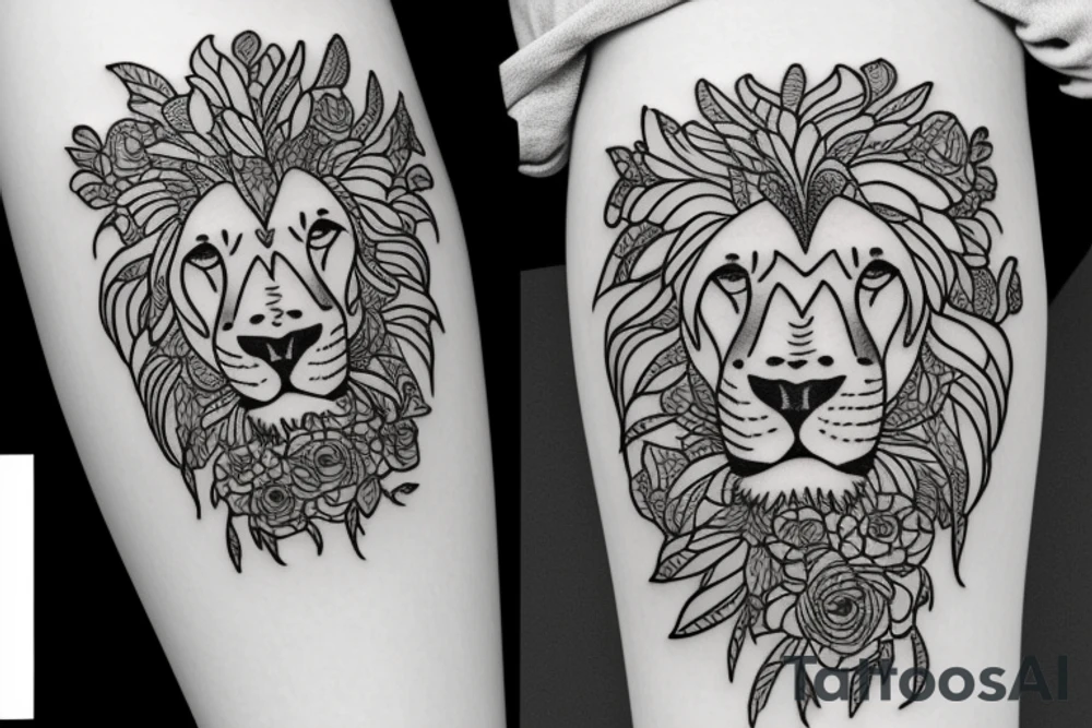 Female lion with flowers tattoo idea