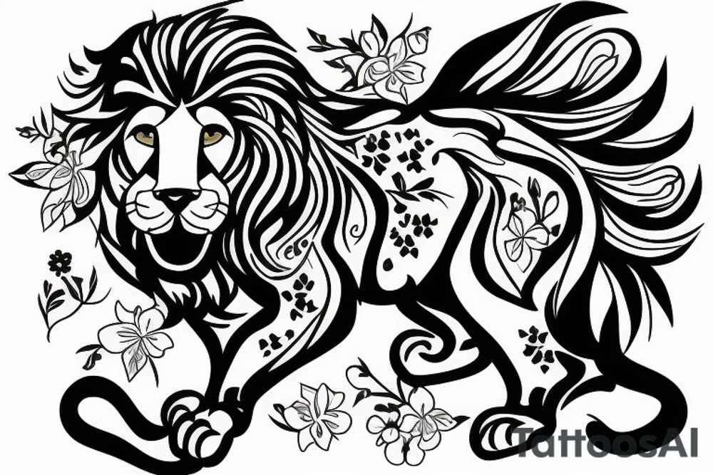 Female lion with flowers tattoo idea