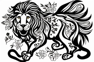 Female lion with flowers tattoo idea