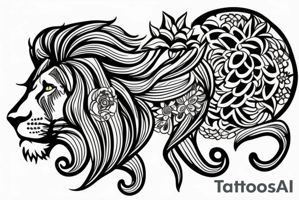 Female lion with flowers tattoo idea