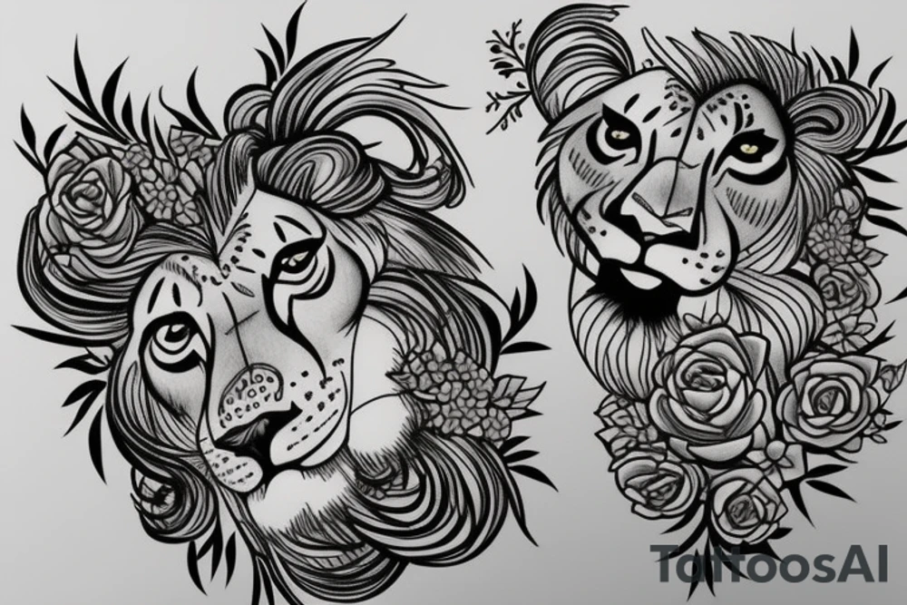 Female lion with flowers tattoo idea