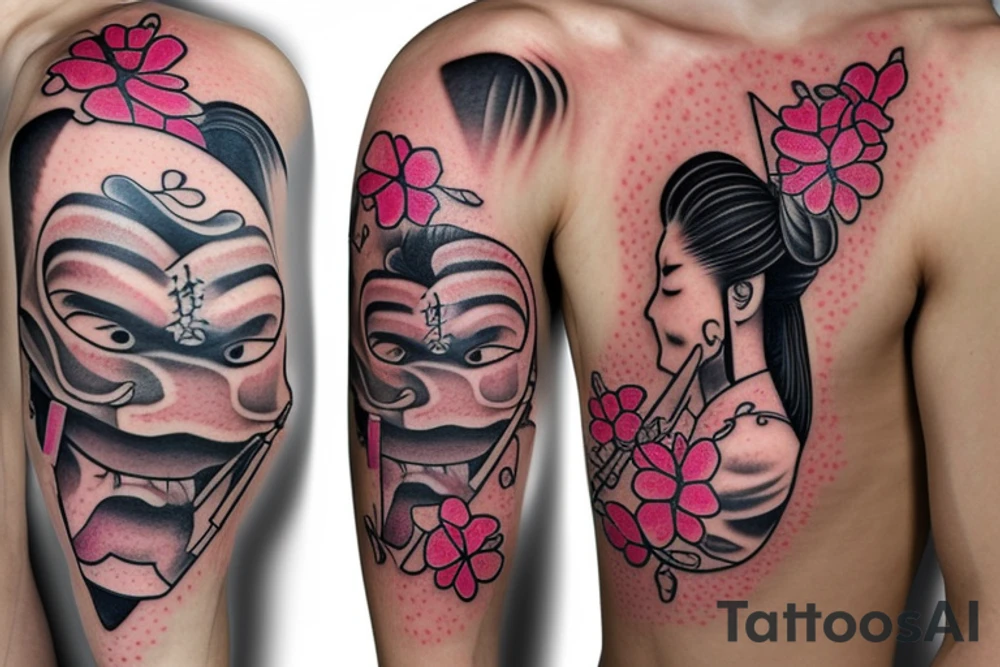samurai mask cut in half whose face is visible, and with cherry blossom tattoo idea