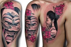 samurai mask cut in half whose face is visible, and with cherry blossom tattoo idea