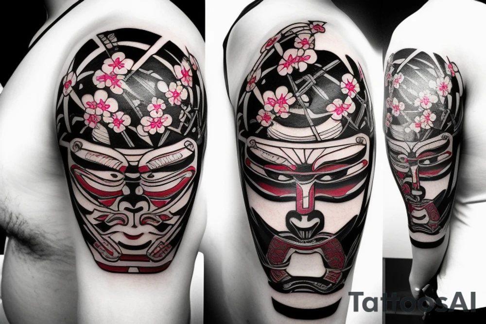 samurai mask cut in half whose face is visible, and with cherry blossom tattoo idea