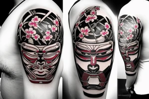 samurai mask cut in half whose face is visible, and with cherry blossom tattoo idea