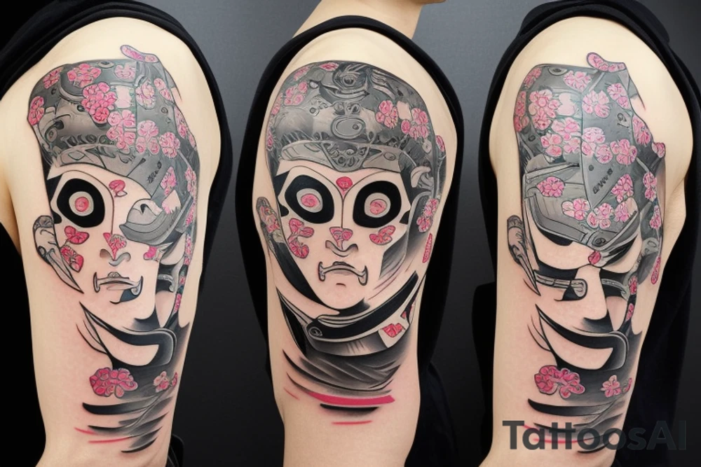 samurai mask cut in half whose face is visible, and with cherry blossom tattoo idea