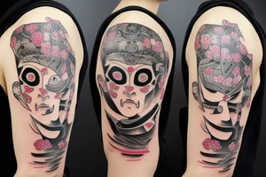 samurai mask cut in half whose face is visible, and with cherry blossom tattoo idea