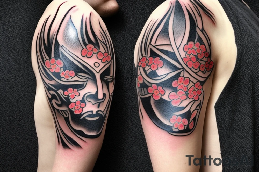 samurai mask cut in half whose face is visible, and with cherry blossom tattoo idea