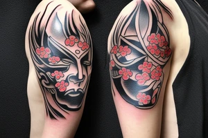 samurai mask cut in half whose face is visible, and with cherry blossom tattoo idea