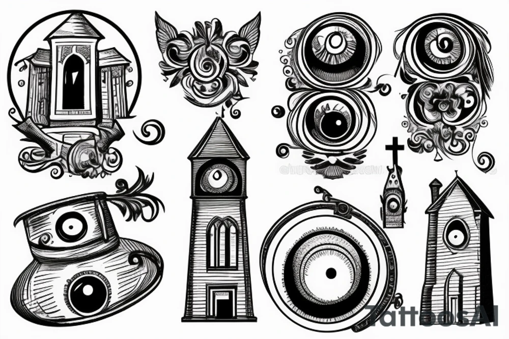 church tower with an eye tattoo idea