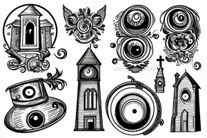church tower with an eye tattoo idea