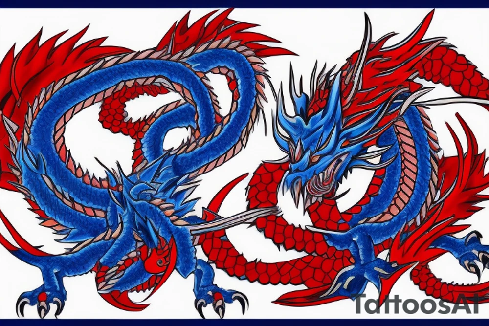 Blue and red dragon with a wu tang symbol and American flag tattoo idea