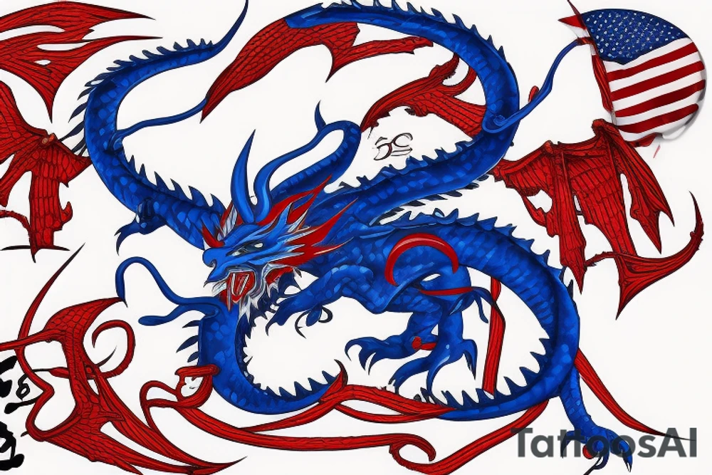 Blue and red dragon with a wu tang symbol and American flag tattoo idea