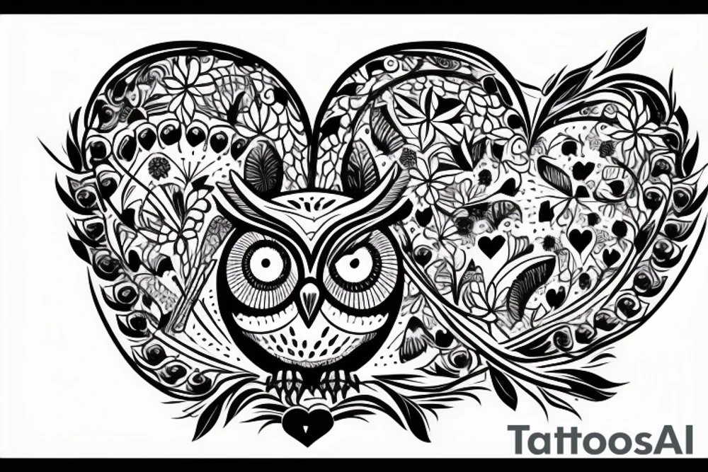 flower border. in the center a owl swooping down holding a line that looks like a heart beat,under the owl make it say art tattoo idea