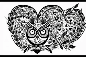 flower border. in the center a owl swooping down holding a line that looks like a heart beat,under the owl make it say art tattoo idea