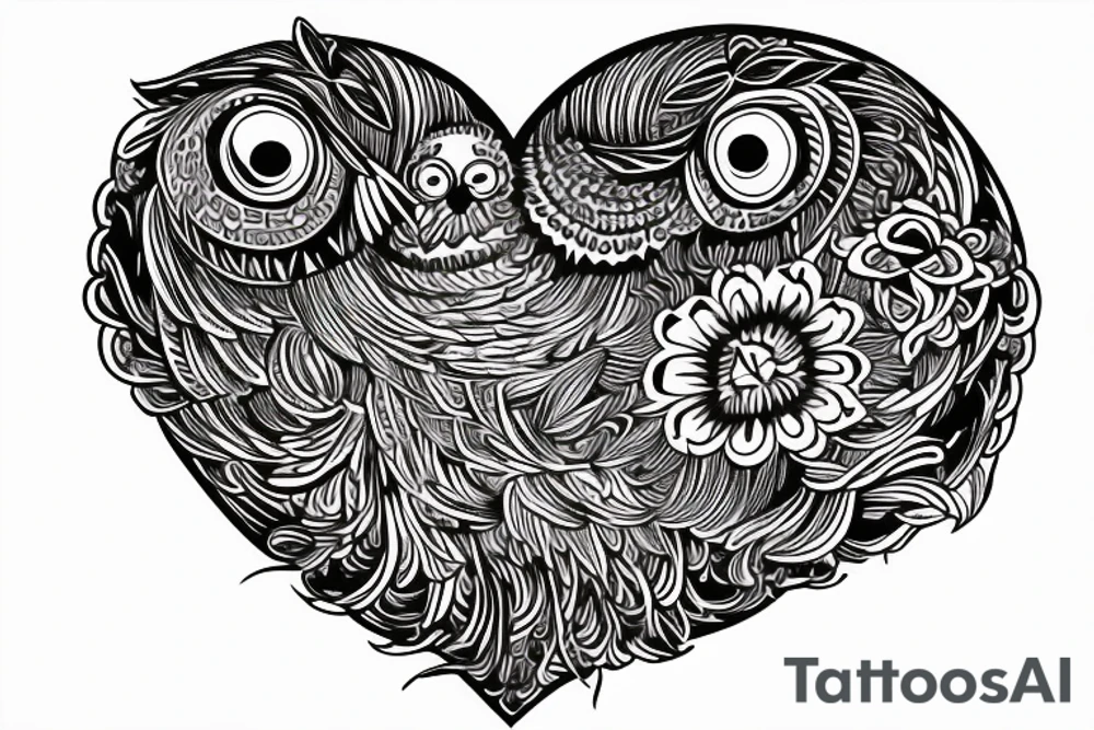 flower border. in the center a owl swooping down holding a line that looks like a heart beat,under the owl make it say art tattoo idea