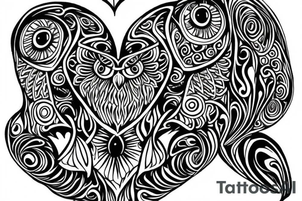 flower border. in the center a owl swooping down holding a line that looks like a heart beat,under the owl make it say art tattoo idea