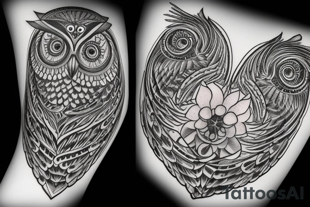 flower border. in the center a owl swooping down holding a line that looks like a heart beat,under the owl make it say art tattoo idea