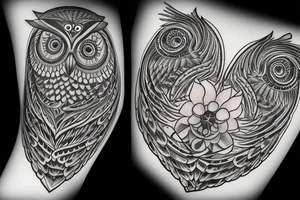 flower border. in the center a owl swooping down holding a line that looks like a heart beat,under the owl make it say art tattoo idea
