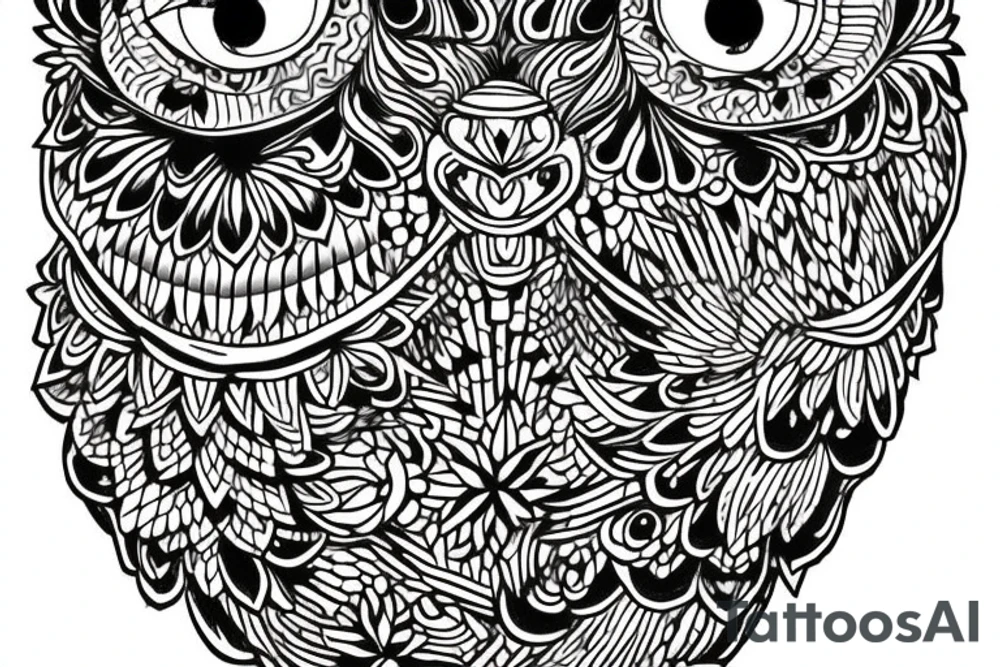 flower border. in the center a owl swooping down holding a line that looks like a heart beat,under the owl make it say art tattoo idea