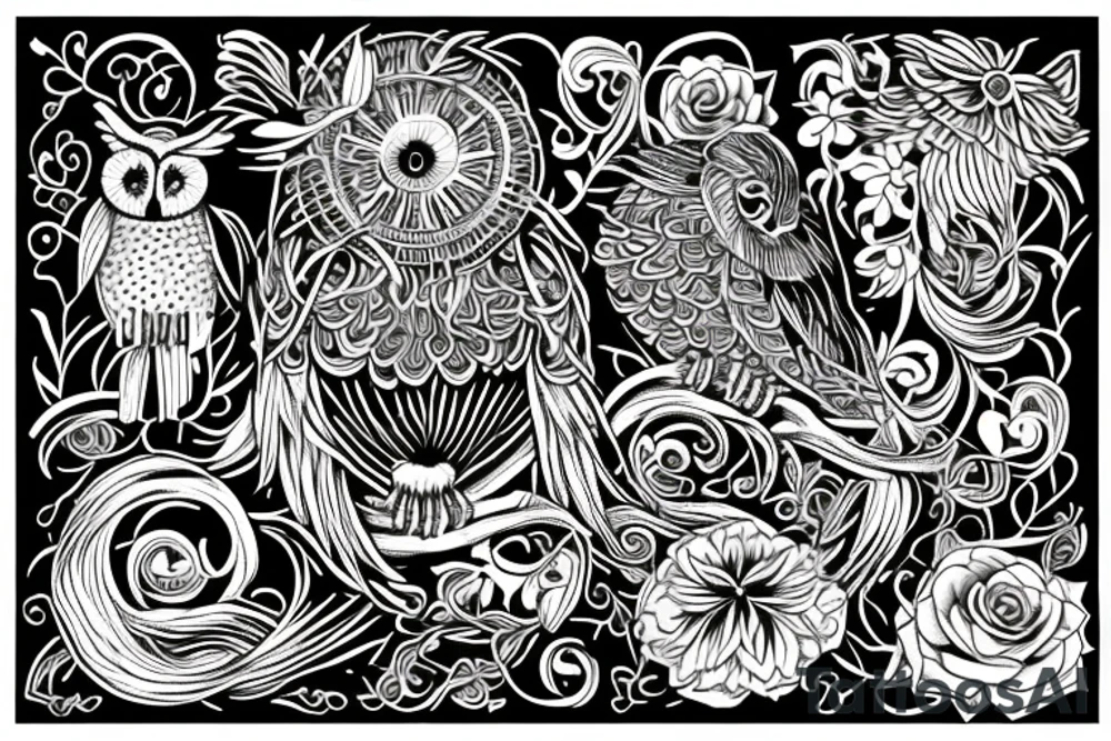 flower border. in the center a owl swooping down holding a line that looks like a heart beat,under the owl make it say art tattoo idea