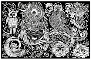 flower border. in the center a owl swooping down holding a line that looks like a heart beat,under the owl make it say art tattoo idea