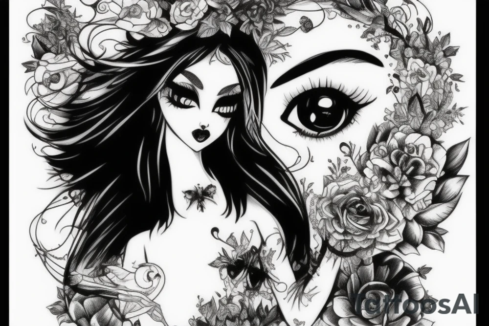 dark fairy with beautiful eyes tattoo idea