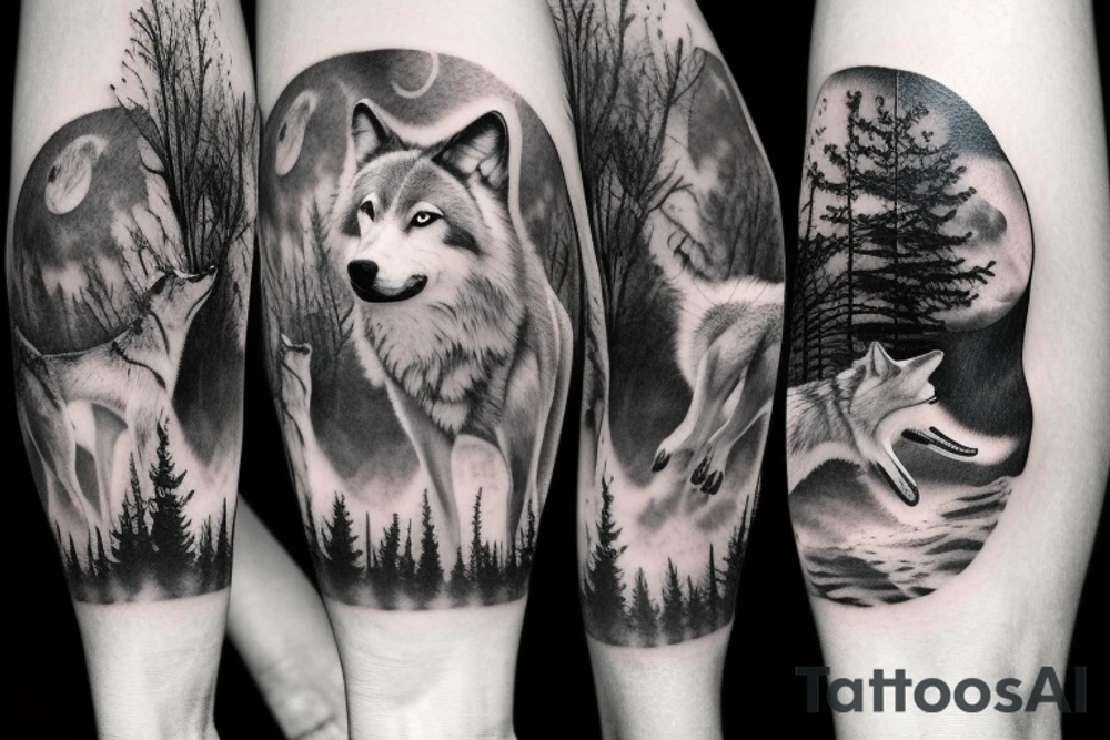 Wolf howling at the moon in a forest tattoo idea