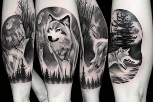 Wolf howling at the moon in a forest tattoo idea