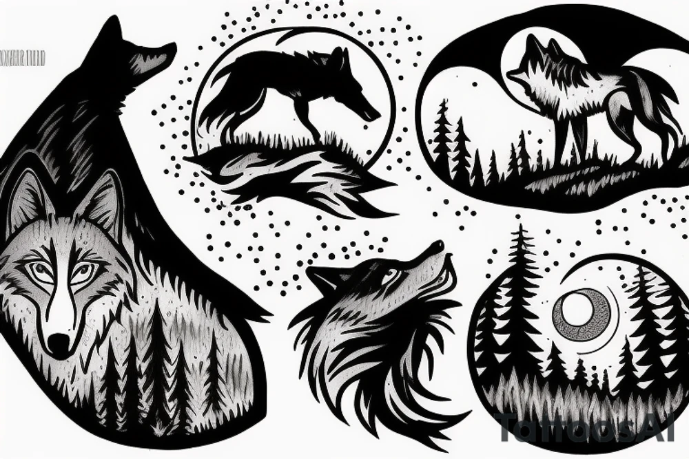 Wolf howling at the moon in a forest tattoo idea