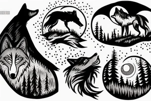 Wolf howling at the moon in a forest tattoo idea