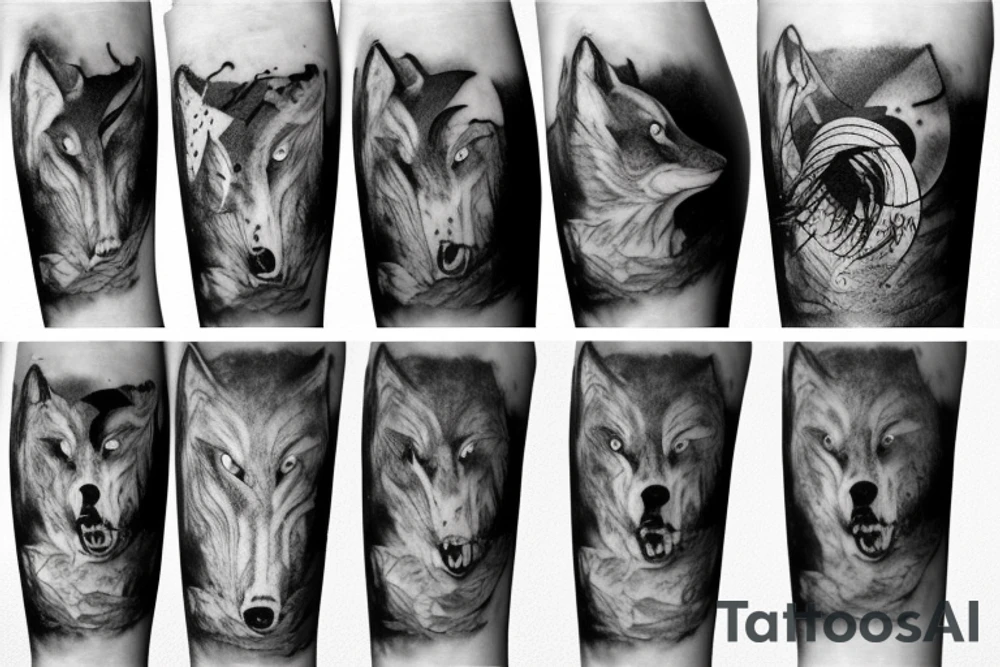 Wolf howling at the moon in a forest tattoo idea
