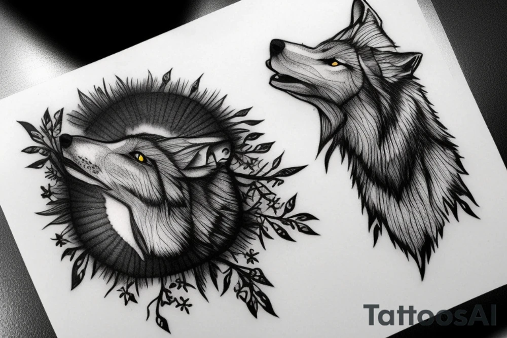Wolf howling at the moon in a forest tattoo idea