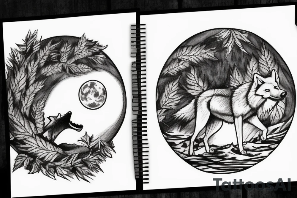 Wolf howling at the moon in a forest tattoo idea