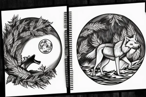 Wolf howling at the moon in a forest tattoo idea