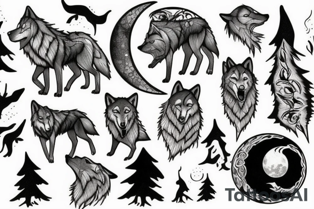 Wolf howling at the moon in a forest tattoo idea