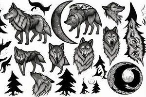 Wolf howling at the moon in a forest tattoo idea