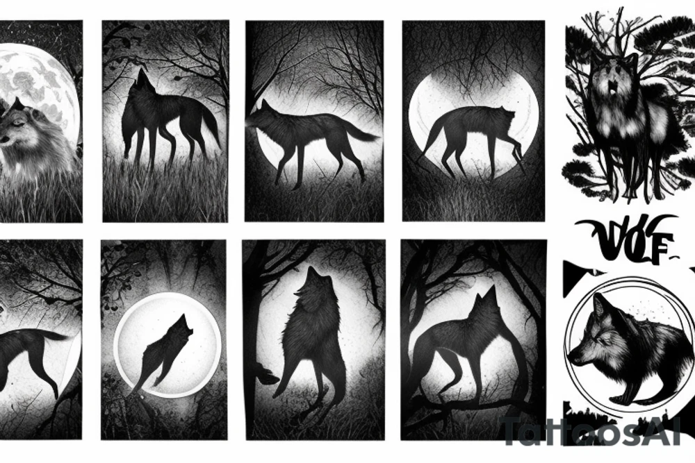 Wolf howling at the moon in a forest tattoo idea