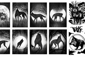 Wolf howling at the moon in a forest tattoo idea