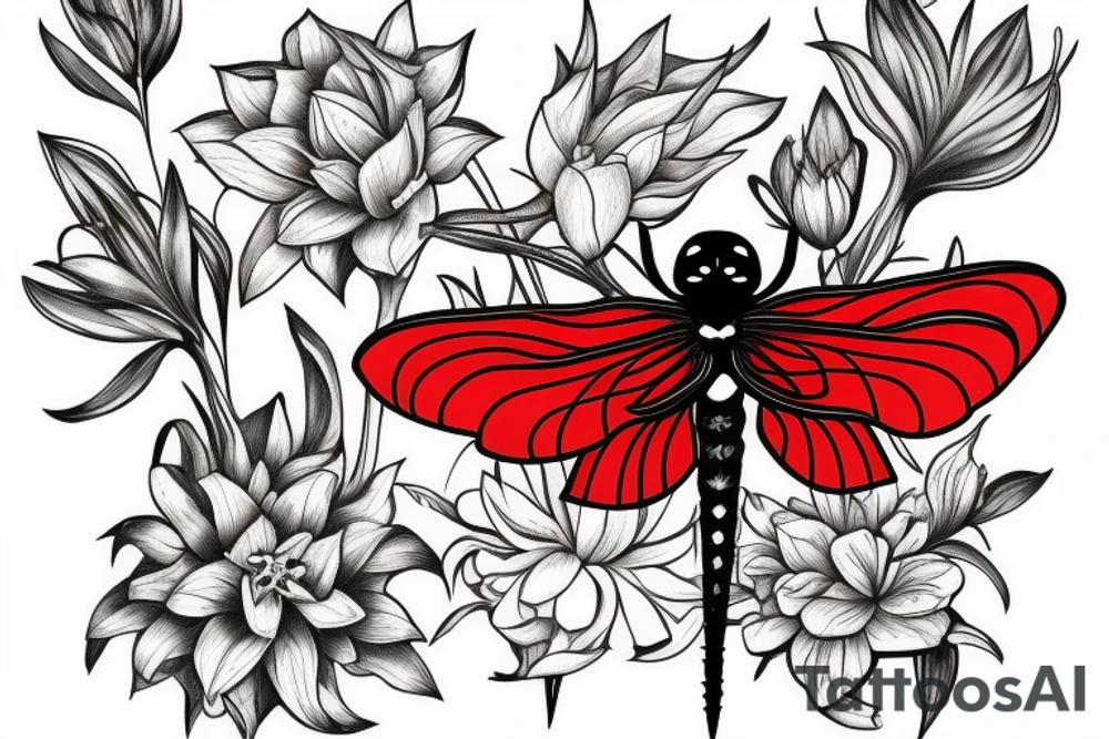 Red spiderr lily with a black dragonfly tattoo idea