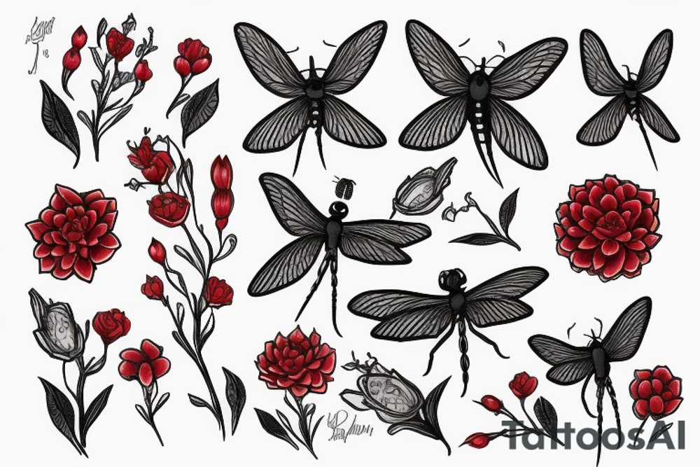 Red spiderr lily with a black dragonfly tattoo idea