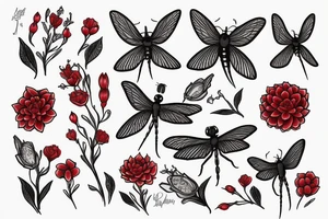 Red spiderr lily with a black dragonfly tattoo idea