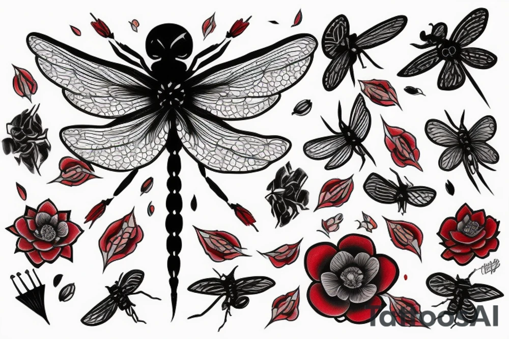 Red spiderr lily with a black dragonfly tattoo idea