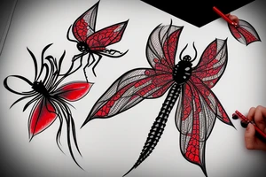 Red spiderr lily with a black dragonfly tattoo idea