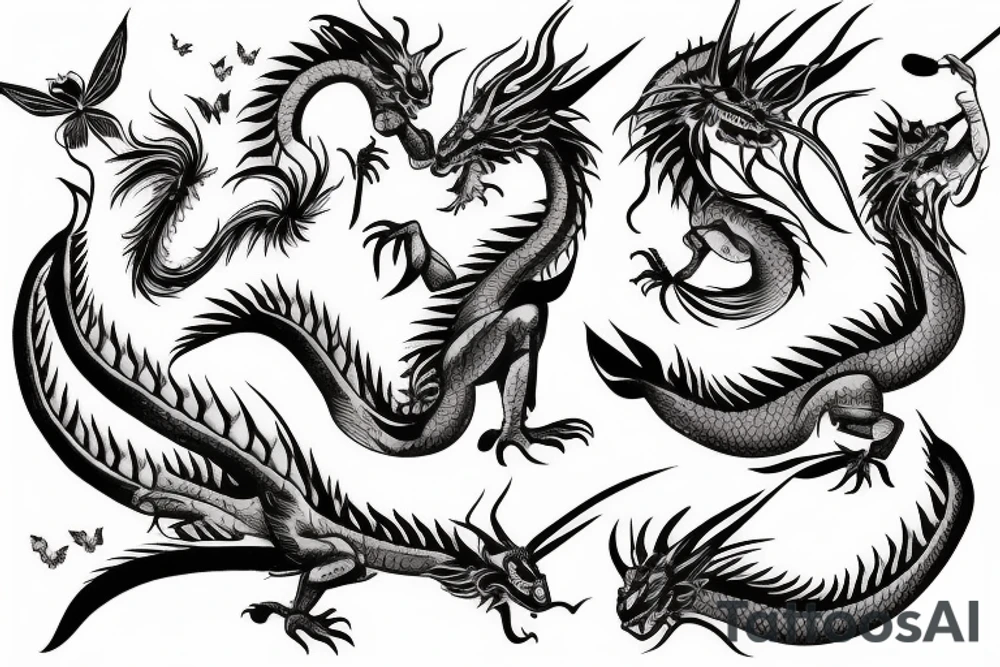 dragon fighting with a massive butterfly tattoo idea