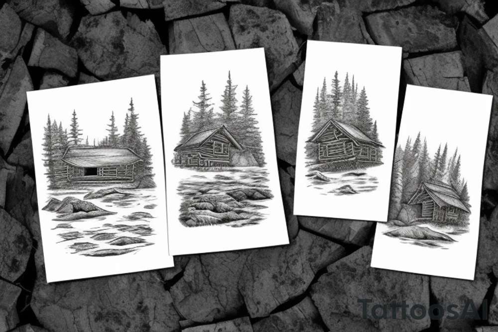 A log cabin on a cliff in the woods over looking a river tattoo idea