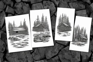 A log cabin on a cliff in the woods over looking a river tattoo idea
