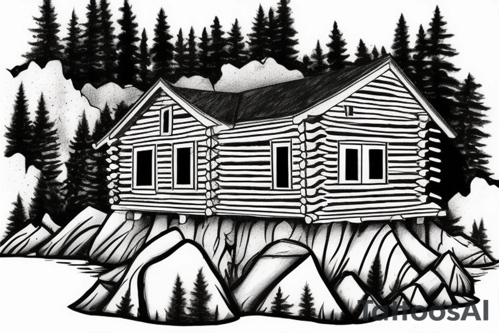 A log cabin on a cliff in the woods over looking a river tattoo idea