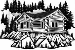 A log cabin on a cliff in the woods over looking a river tattoo idea